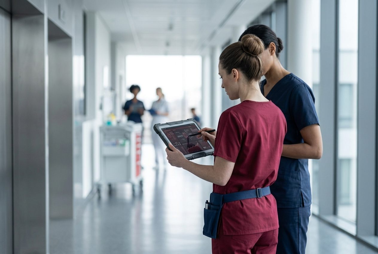 Healthcare staff reviewing credentials on a tablet in a hospital corridor