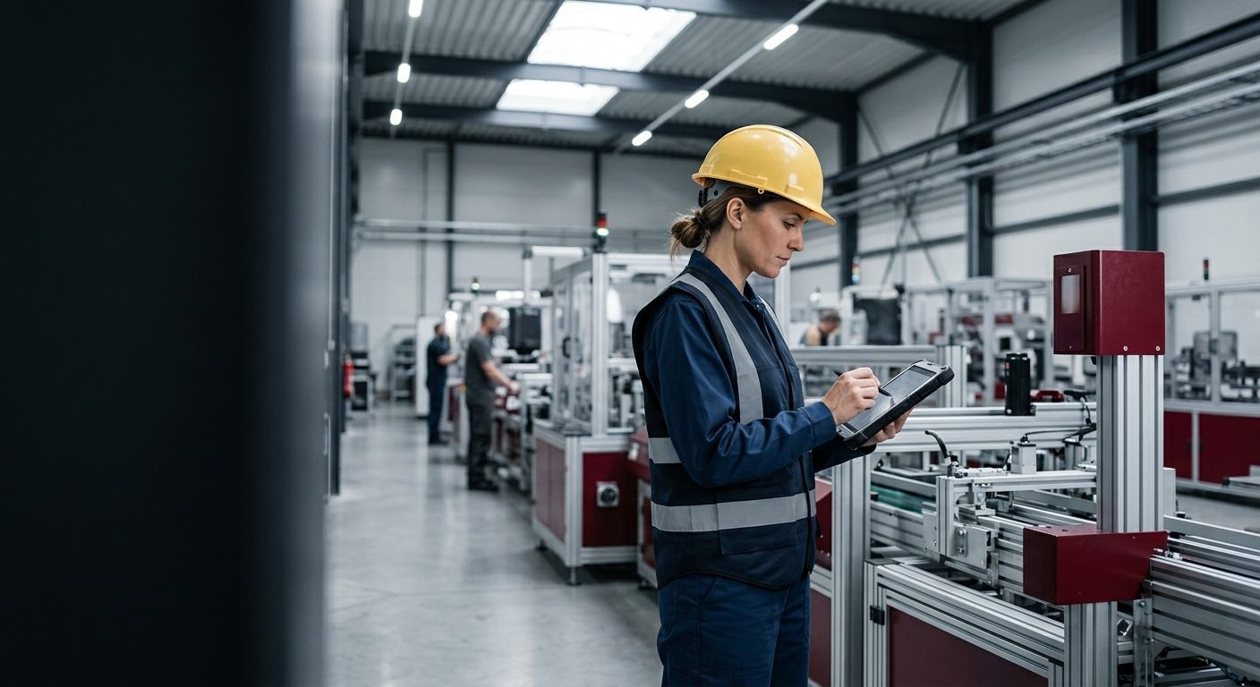 Technician inspecting machinery in a modern manufacturing facility