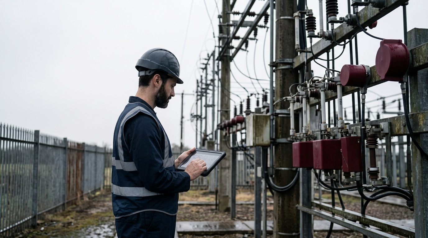 Utility technician inspecting substation equipment
