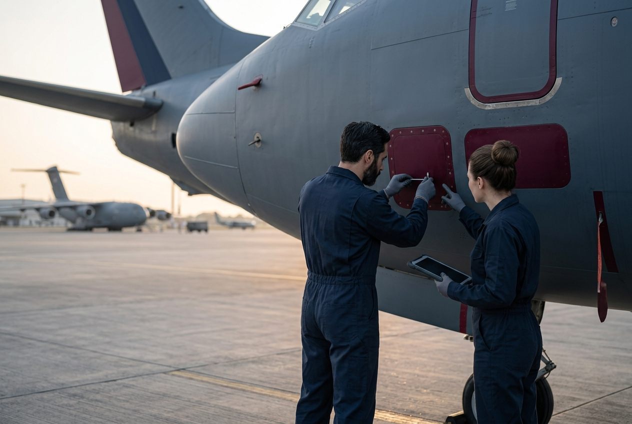 Aviation maintenance crew inspecting a military aircraft on the flight line