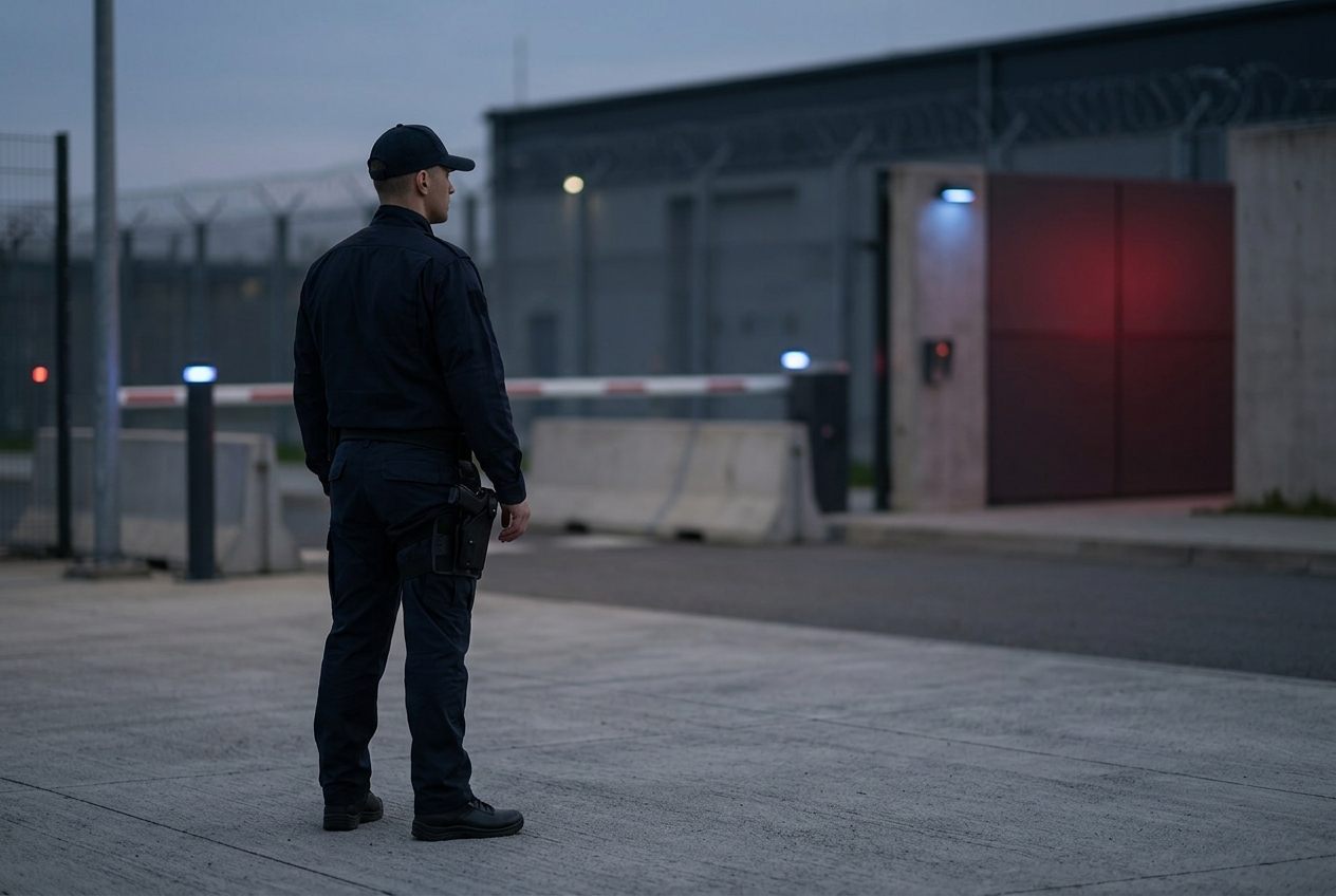 A security-forces officer standing watch at a secured facility perimeter